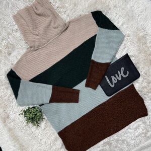 Staccato Colorblock Striped Cowl Neck Sweater 💗 Tan Green Gray & Brown